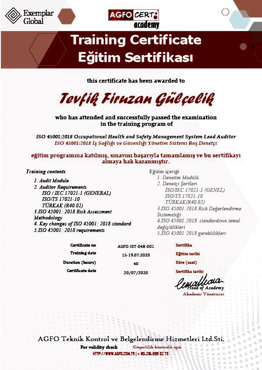 ISO 45001 Baş Denetçi Sertifikası